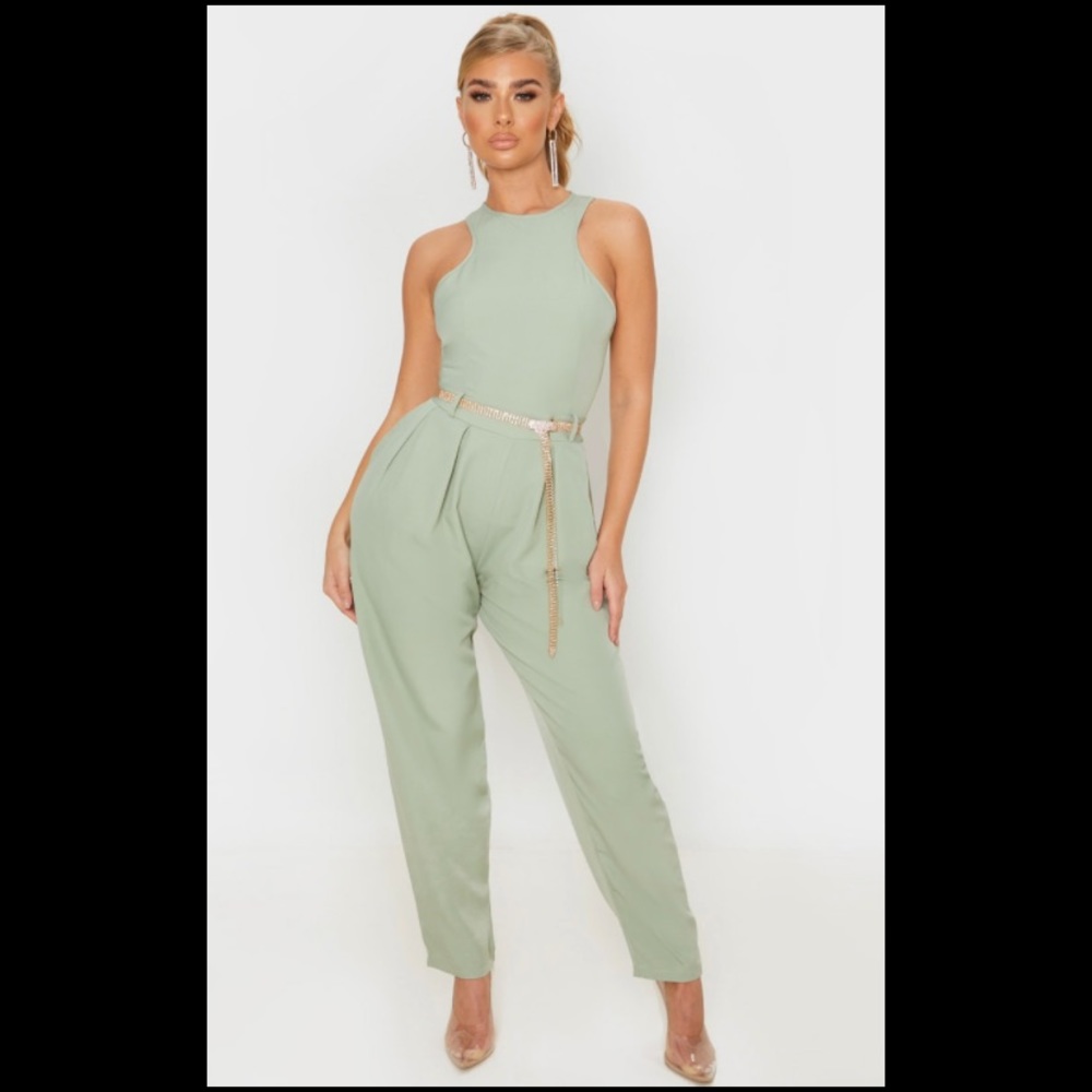 SOLD 🚫 PLT Sage Green Racer Back Pocket Detail Jumpsuit